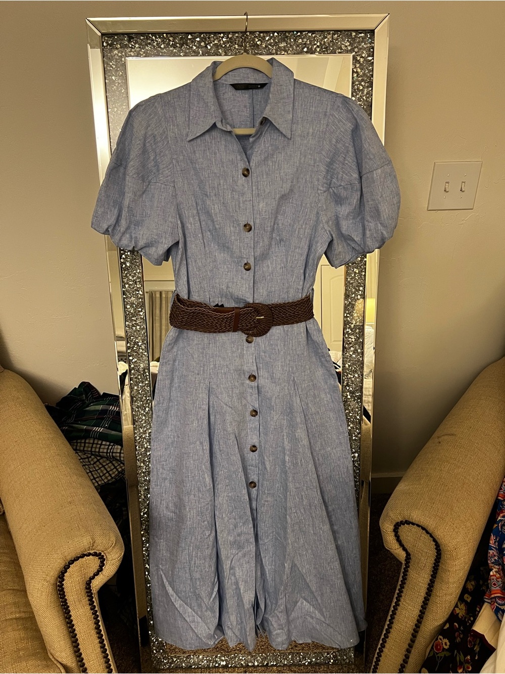 Zara Light Blue Button-Front Midi Dress with Brown Belt